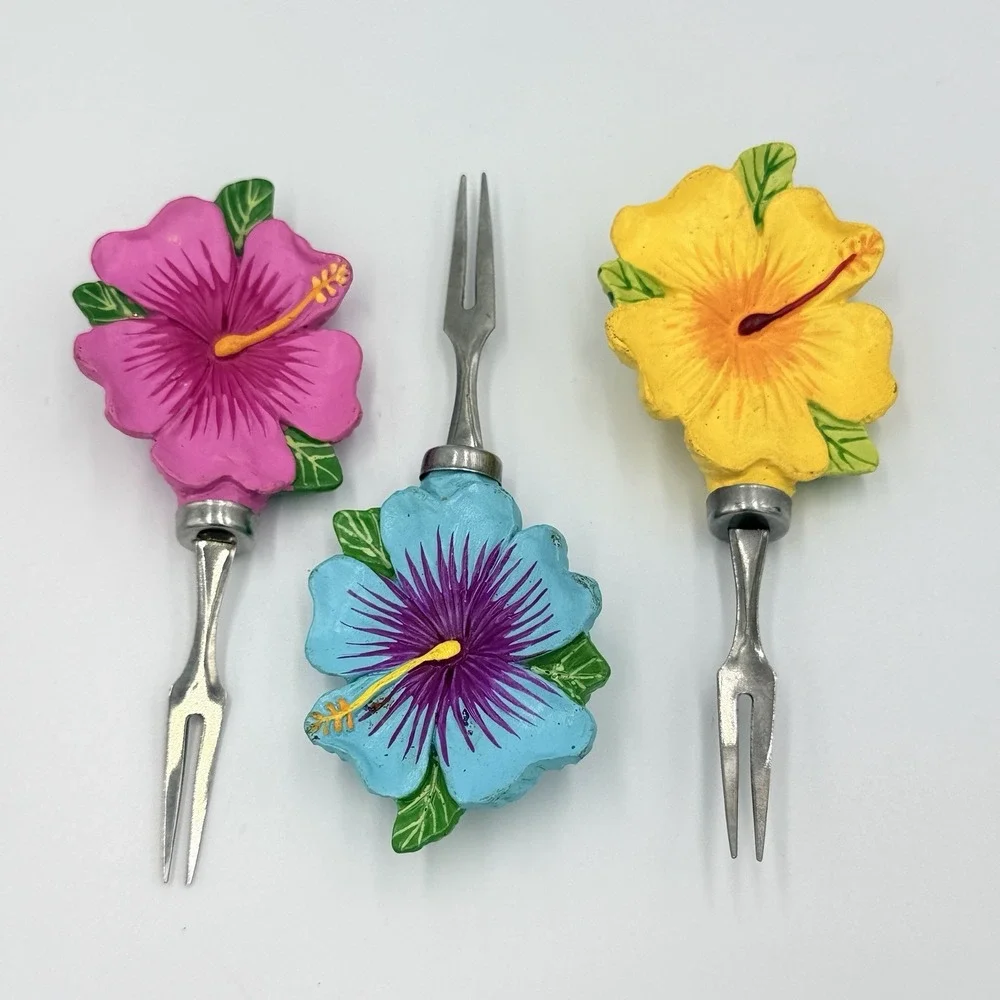 VTG Hibiscus Cocktail Picks Tiki Charcuterie Appetizer Forks Luau Decor Tropical